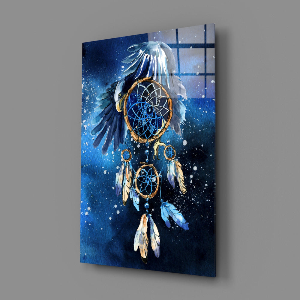 Spirit Catcher close-up showing eagle wings framing gold dreamcatcher hoops
