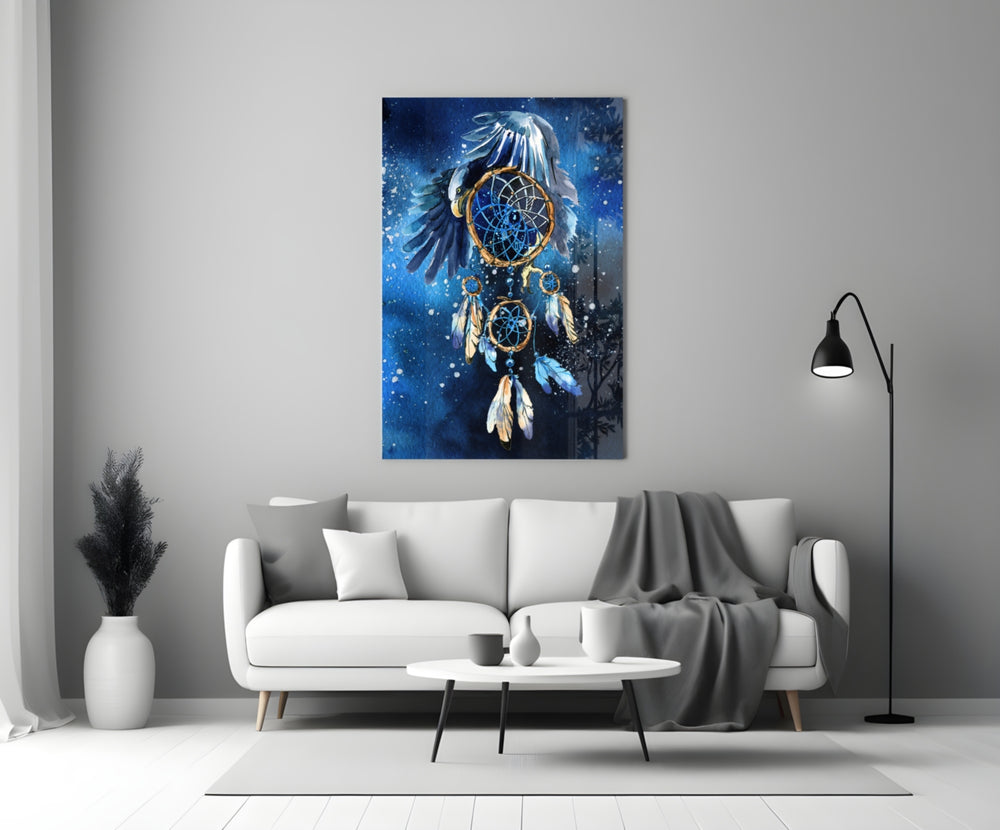 Spirit Catcher glass wall art styled above a console in a master bedroom