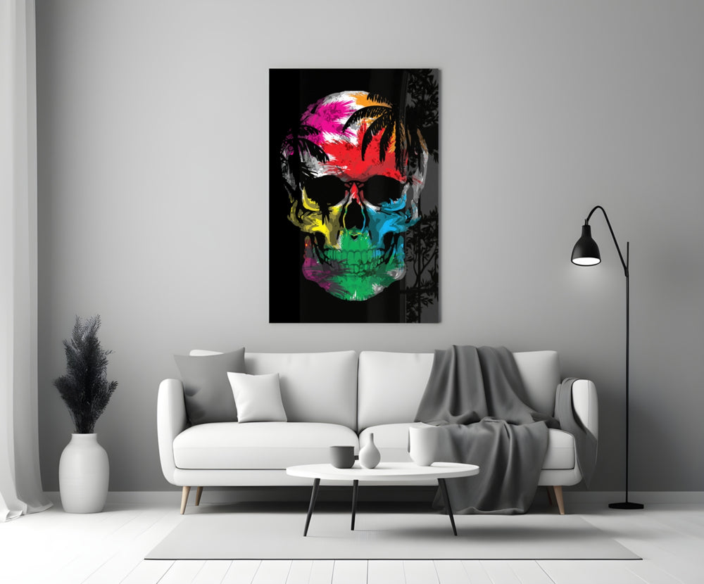 Rainbow Skull glass wall art styled above a bar console in a man cave