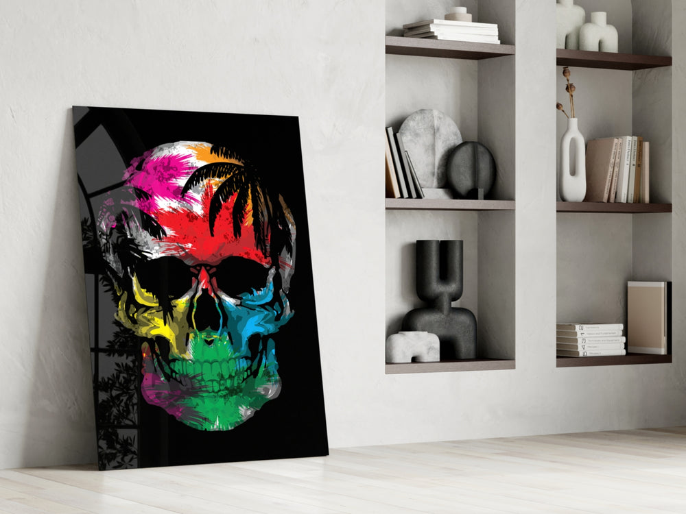 Rainbow Skull artwork anchoring a wall with bold gothic-pop palette