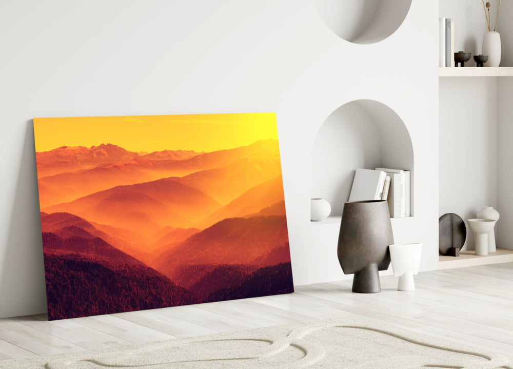 Amber Ridges glass wall art styled above a console in a living room
