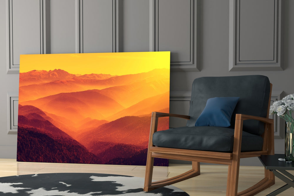 Amber Ridges artwork anchoring a wall with warm alpine palette