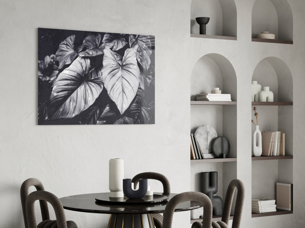 Monochrome Leaves glass print enhancing an office with editorial drama
