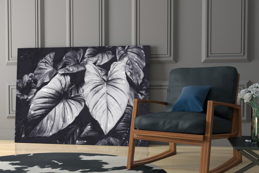 Monochrome Leaves artwork anchoring a wall with moody biophilic palette