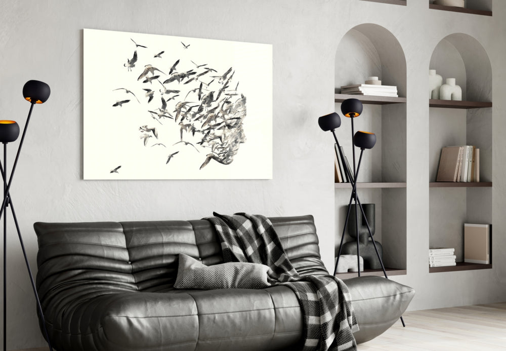 Bird Thoughts panel adding calm mood to a hallway