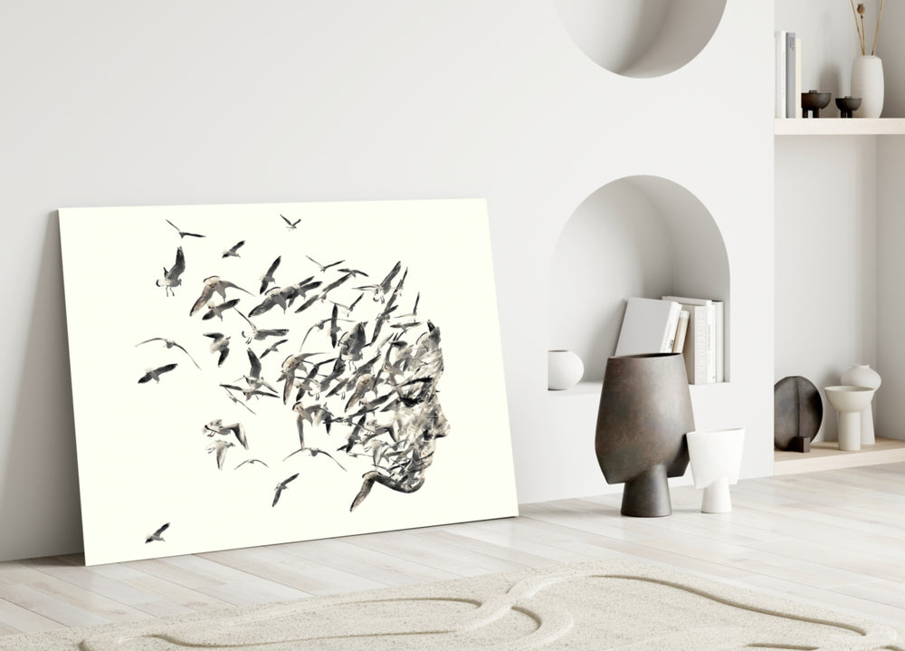 Bird Thoughts glass wall art styled above a credenza in a master bedroom