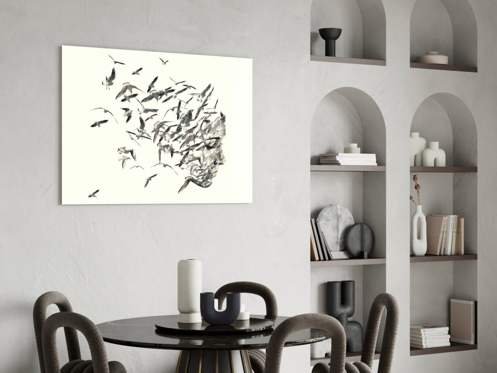 Bird Thoughts glass print enhancing a living room with editorial drama