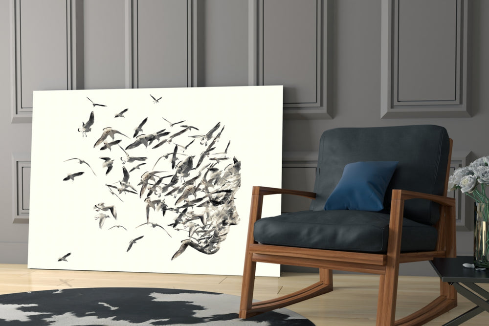 Bird Thoughts artwork anchoring a wall with serene surreal palette