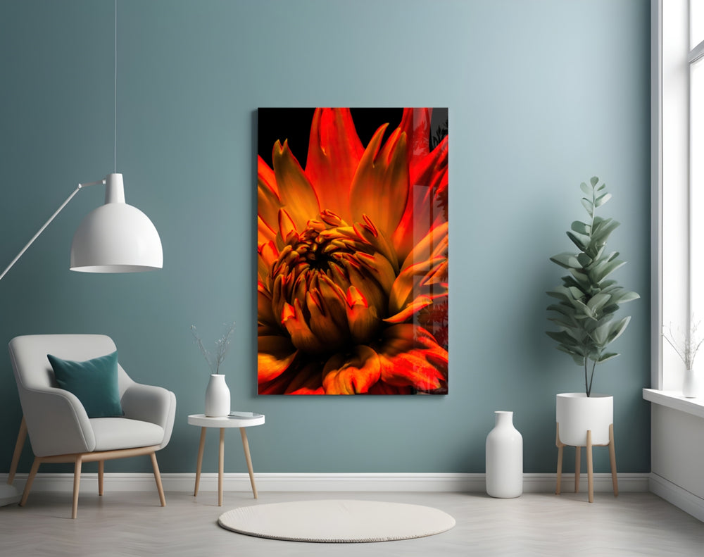 Fire Dahlia panel adding editorial mood to a dining room