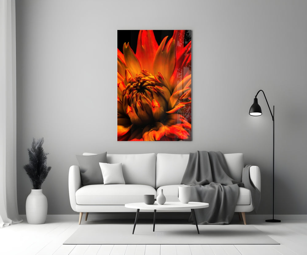 Fire Dahlia glass wall art styled above a credenza in a master bedroom