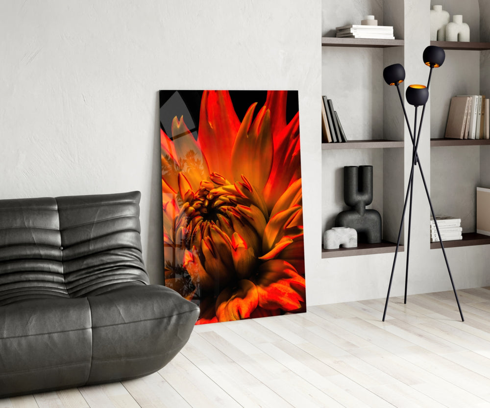 Fire Dahlia glass print enhancing a living room with cinematic drama