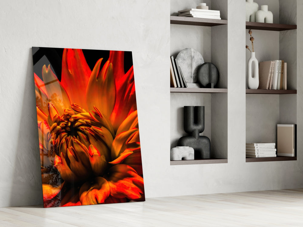 Fire Dahlia artwork anchoring a wall with bold dramatic palette