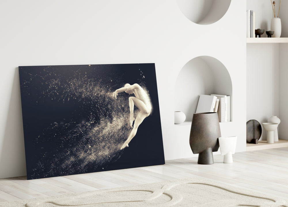 Spirit Leap glass wall art styled above a side-table in a master bedroom