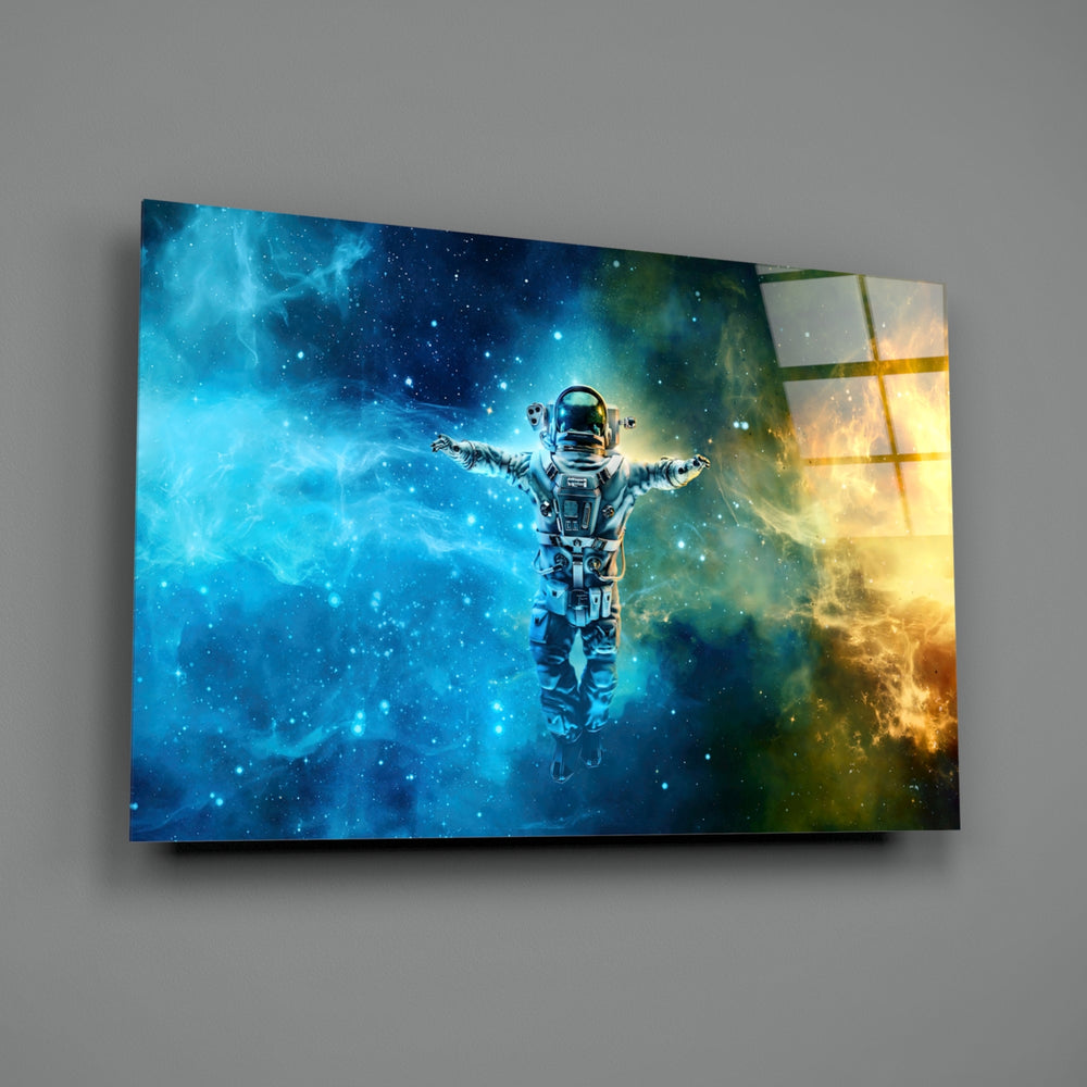 Nebula Astronaut close-up showing astronaut embraced by cobalt-and-amber nebula