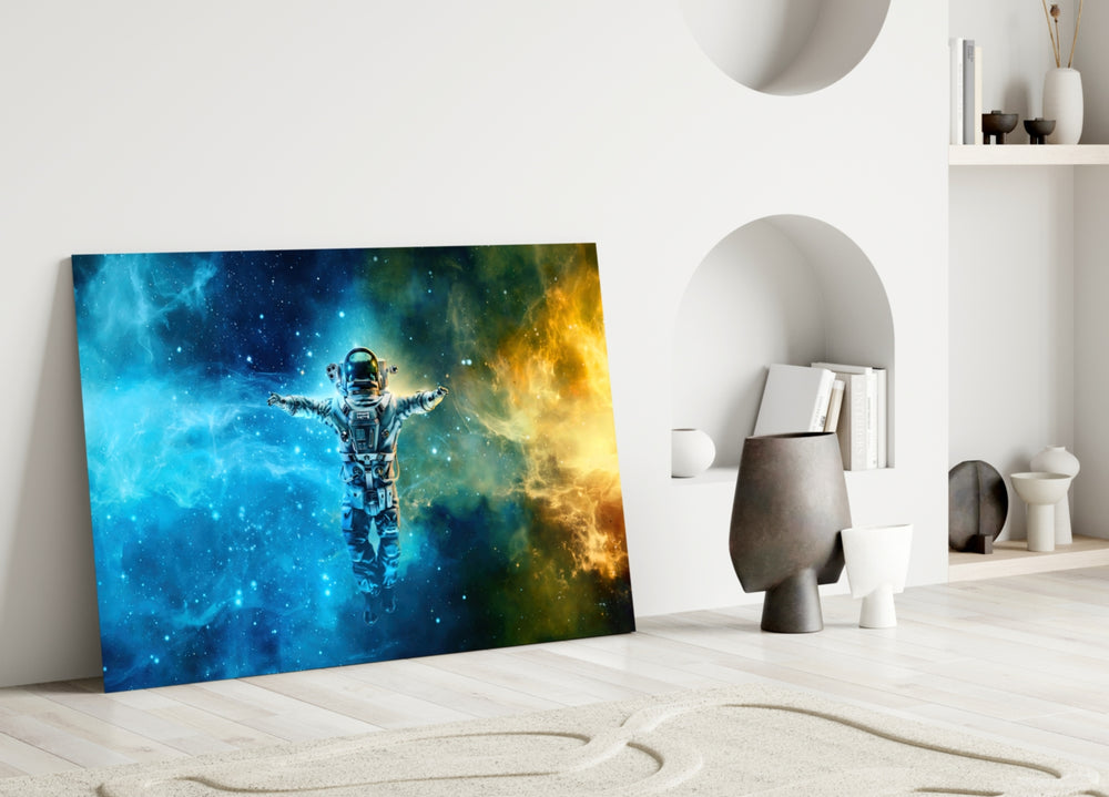 Nebula Astronaut glass wall art styled above a credenza in a man's office