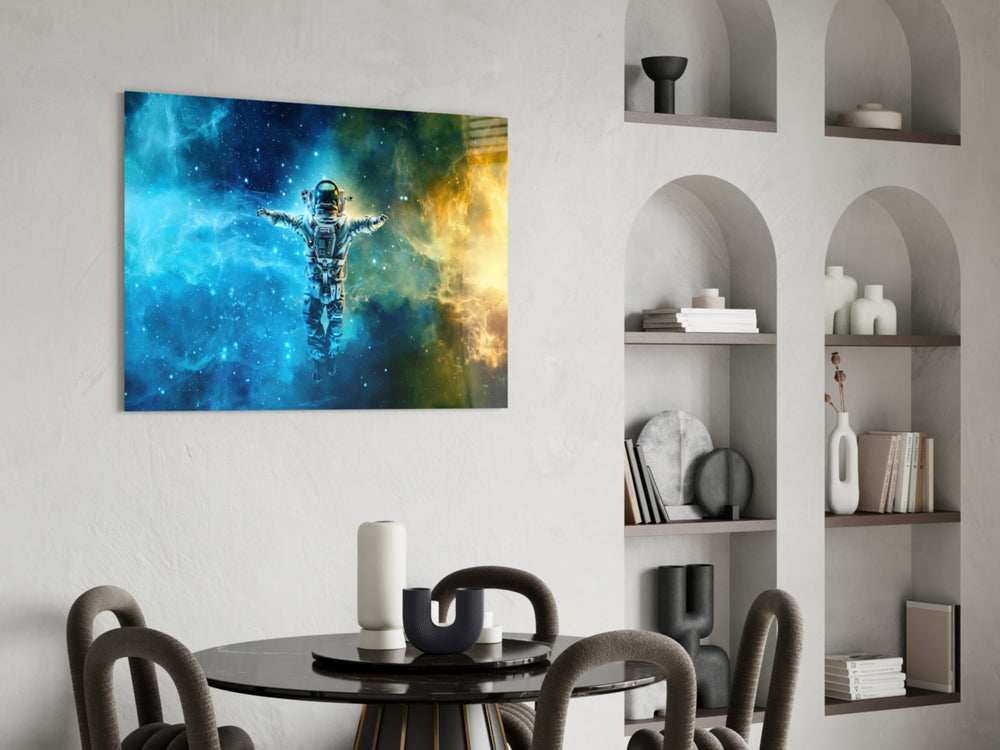 Nebula Astronaut glass print enhancing a study with cinematic drama