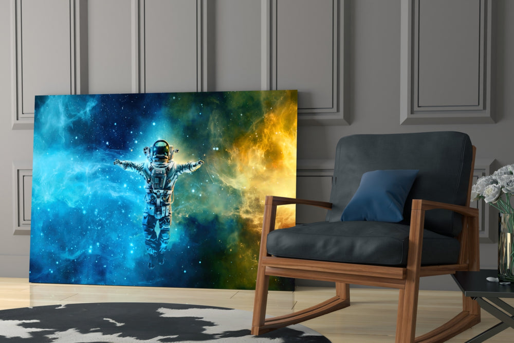 Nebula Astronaut artwork anchoring a wall with cosmic mystical palette