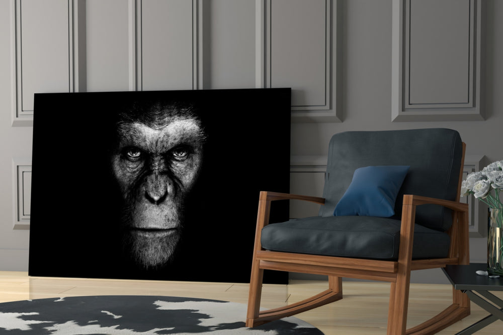 Chimp Gaze artwork anchoring a wall with moody primate palette