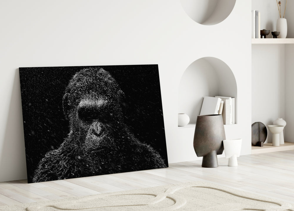 Snow Gorilla glass wall art styled above a credenza in a man cave