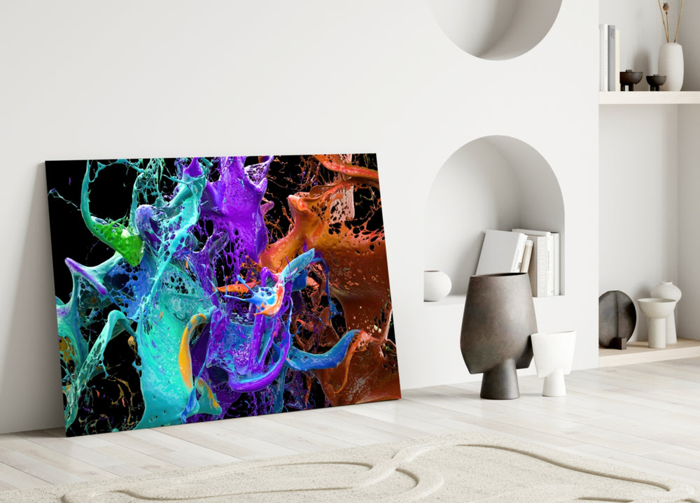 Liquid Splash glass wall art styled above a credenza in a creative office