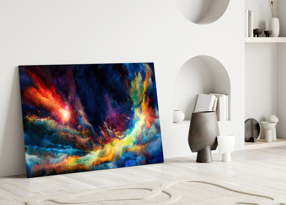 Cosmic Aurora glass wall art styled above a credenza in a master bedroom