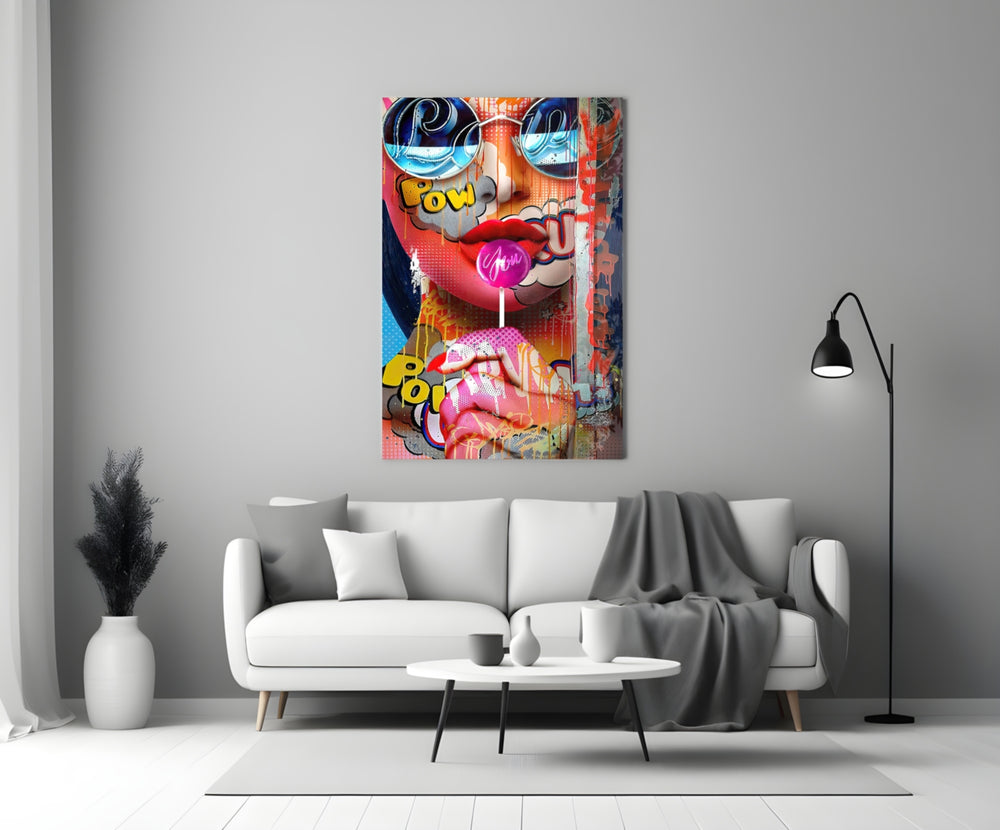 Bubblegum Pop glass wall art styled above a console in a teen room