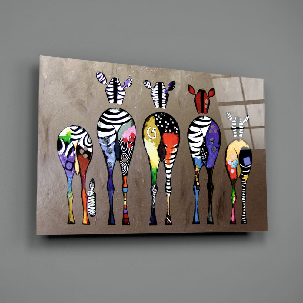 Close-up detail of the multicolor striped zebras with magenta and cobalt patterns