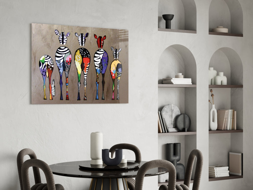 Colorful Zebras glass print brightening a welcoming hallway