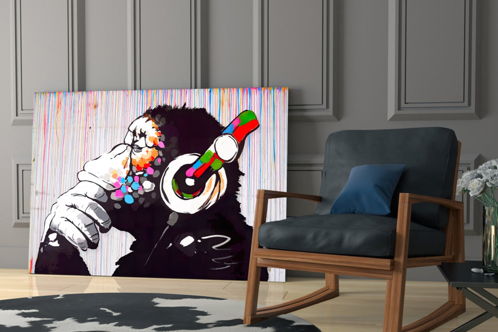 DJ Chimp artwork anchoring a wall with bold music palette