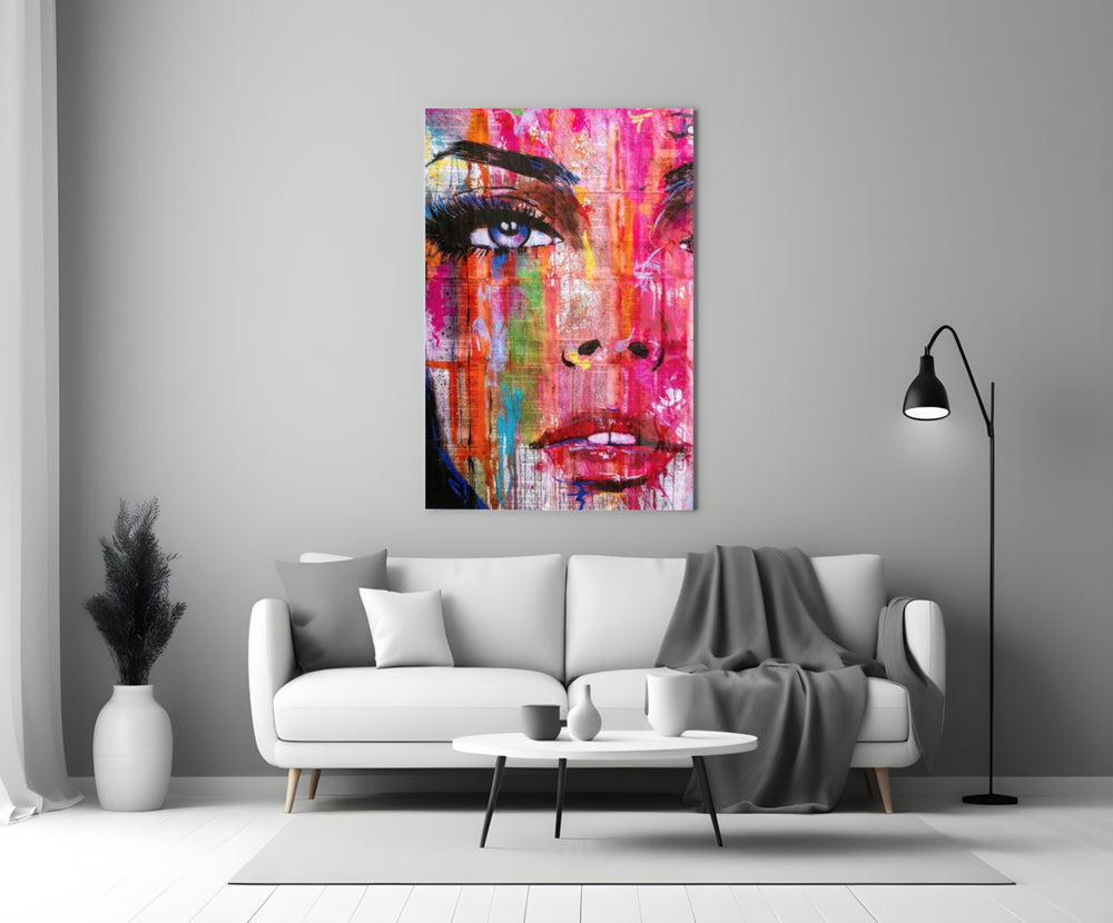 Newspaper Pop glass wall art styled above a credenza in a creative office