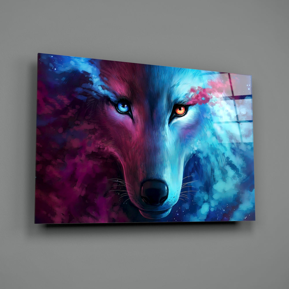 Spirit Wolf close-up showing wolf head split between cyan and crimson cosmic flame
