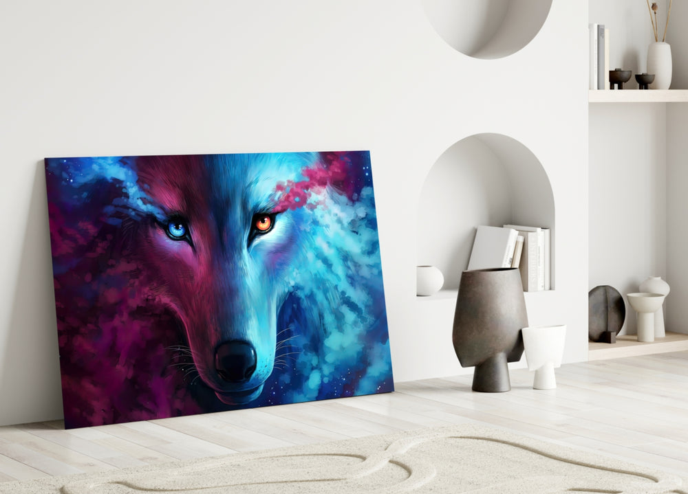 Spirit Wolf glass wall art styled above a desk in a gaming room