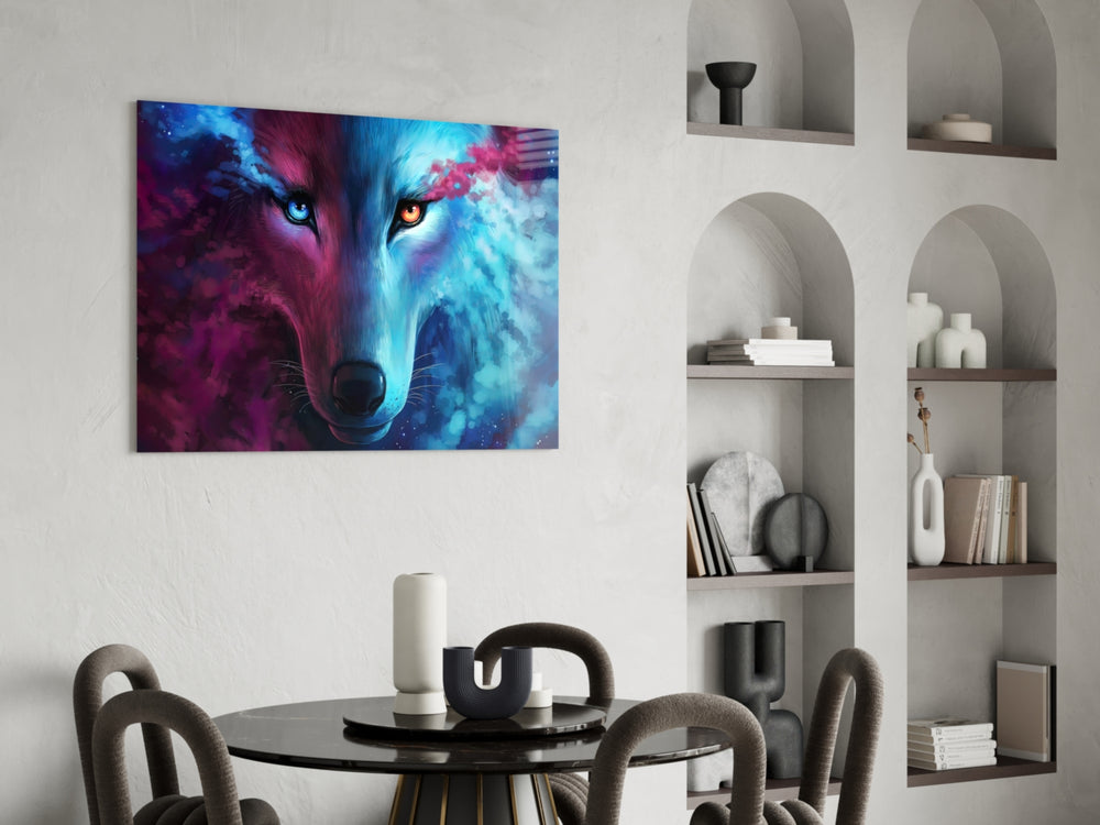 Spirit Wolf glass print enhancing a man cave with cinematic drama