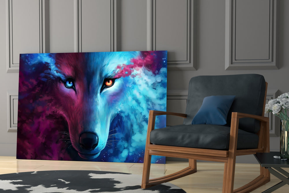 Spirit Wolf artwork anchoring a wall with cosmic fantasy palette