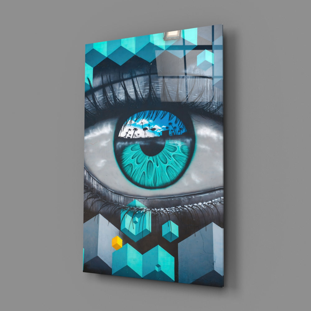 Cubist Eye close-up showing reflected city within turquoise iris