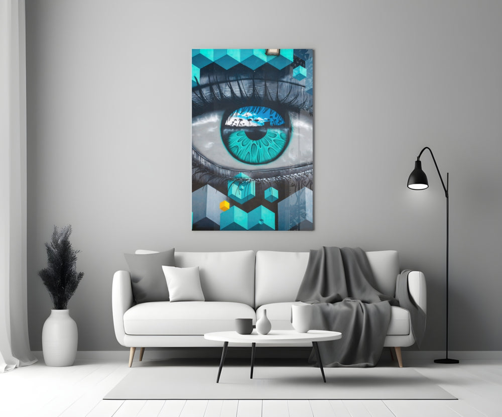 Cubist Eye glass wall art styled above a credenza in a creative office