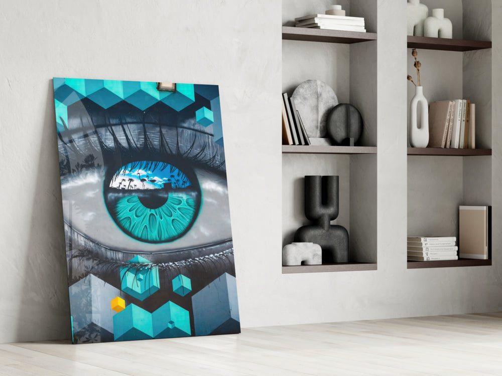 Cubist Eye artwork anchoring a wall with surreal geometric palette