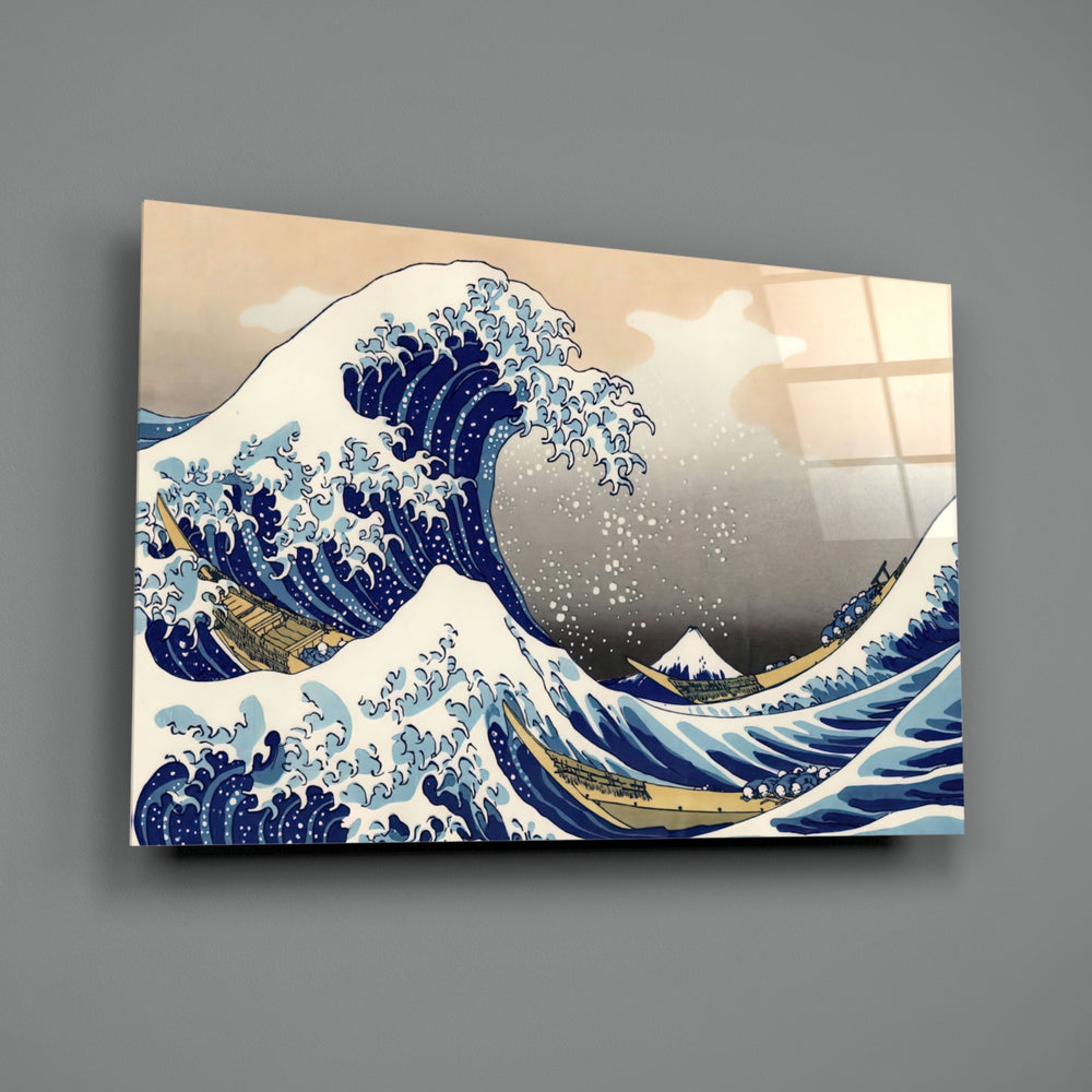 Great Wave close-up showing cobalt foam crests above tiny Mount Fuji