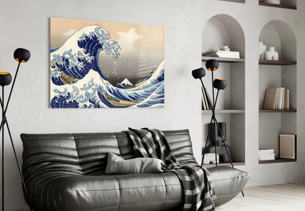 Great Wave panel adding editorial mood to a living room
