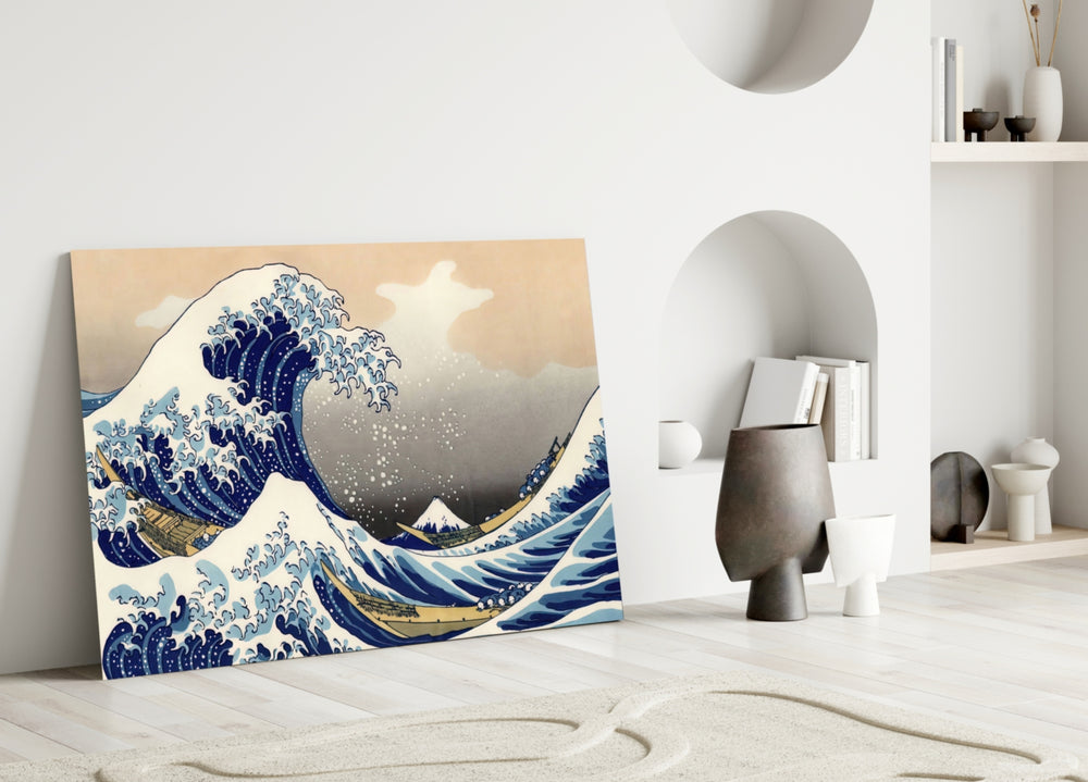 Great Wave glass wall art styled above a tub in a bathroom