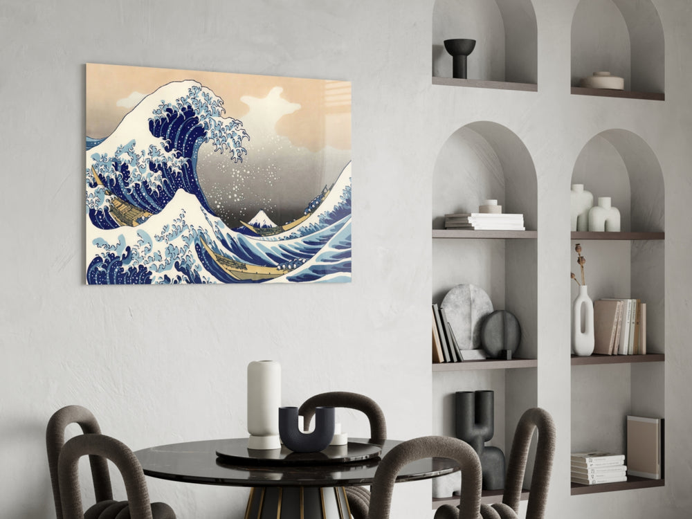 Great Wave glass print enhancing a study with cinematic drama