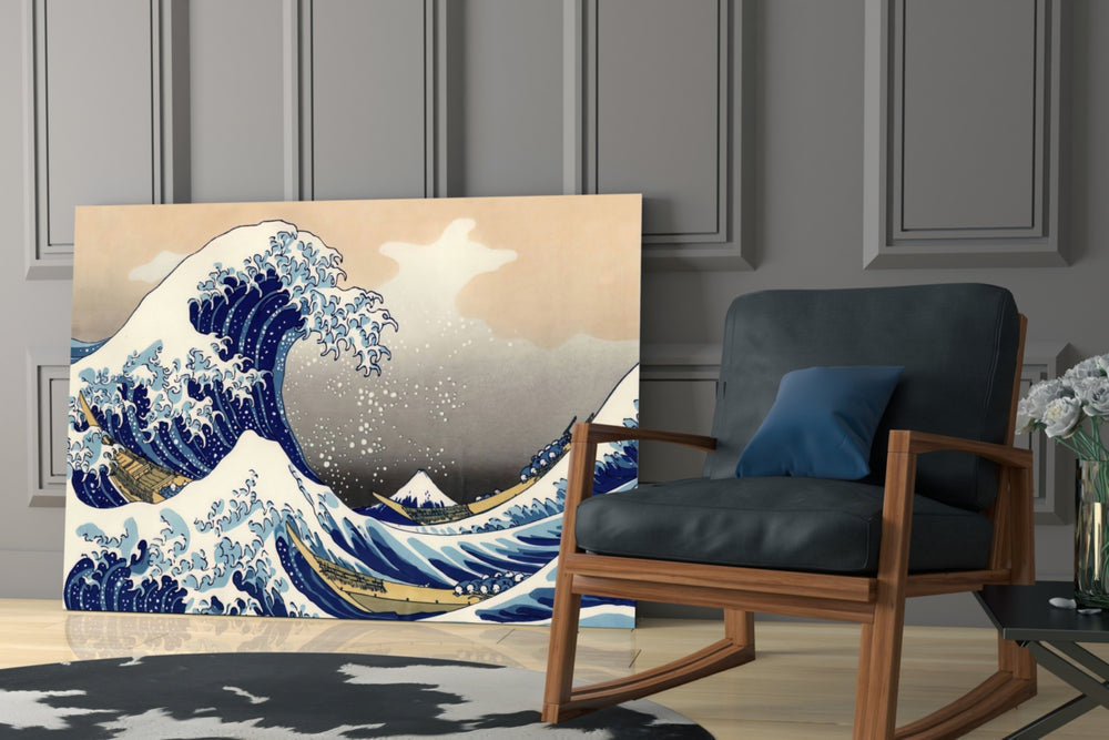 Great Wave artwork anchoring a wall with classical japanese palette