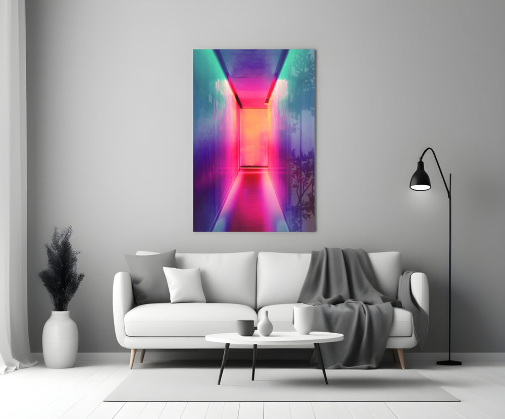 Neon Portal glass wall art styled above a console in a hallway