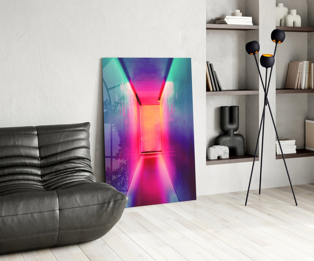 Neon Portal glass print enhancing a creative office with cinematic drama