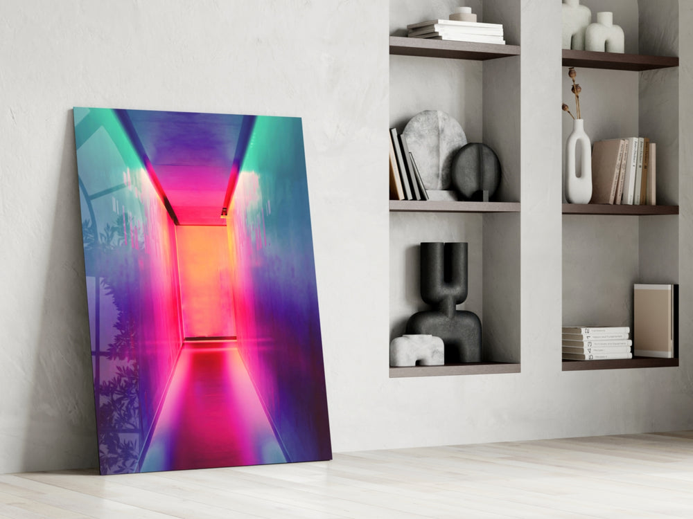 Neon Portal artwork anchoring a wall with cyber futurist palette
