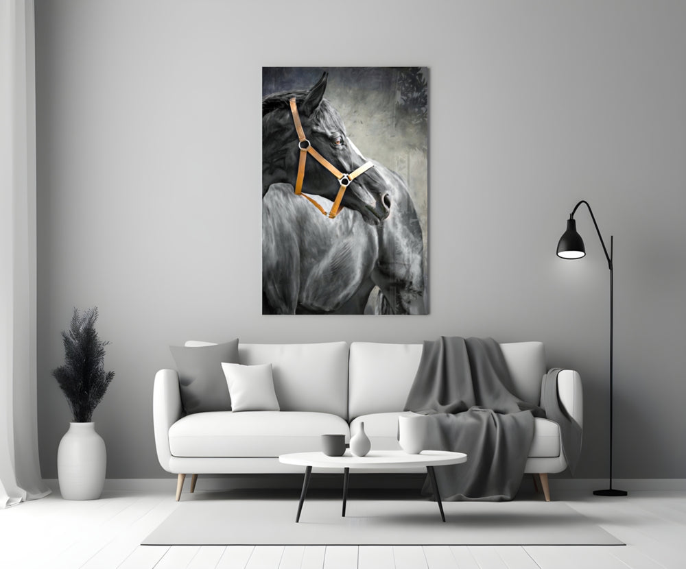 Black Stallion glass wall art styled above a console in a hallway