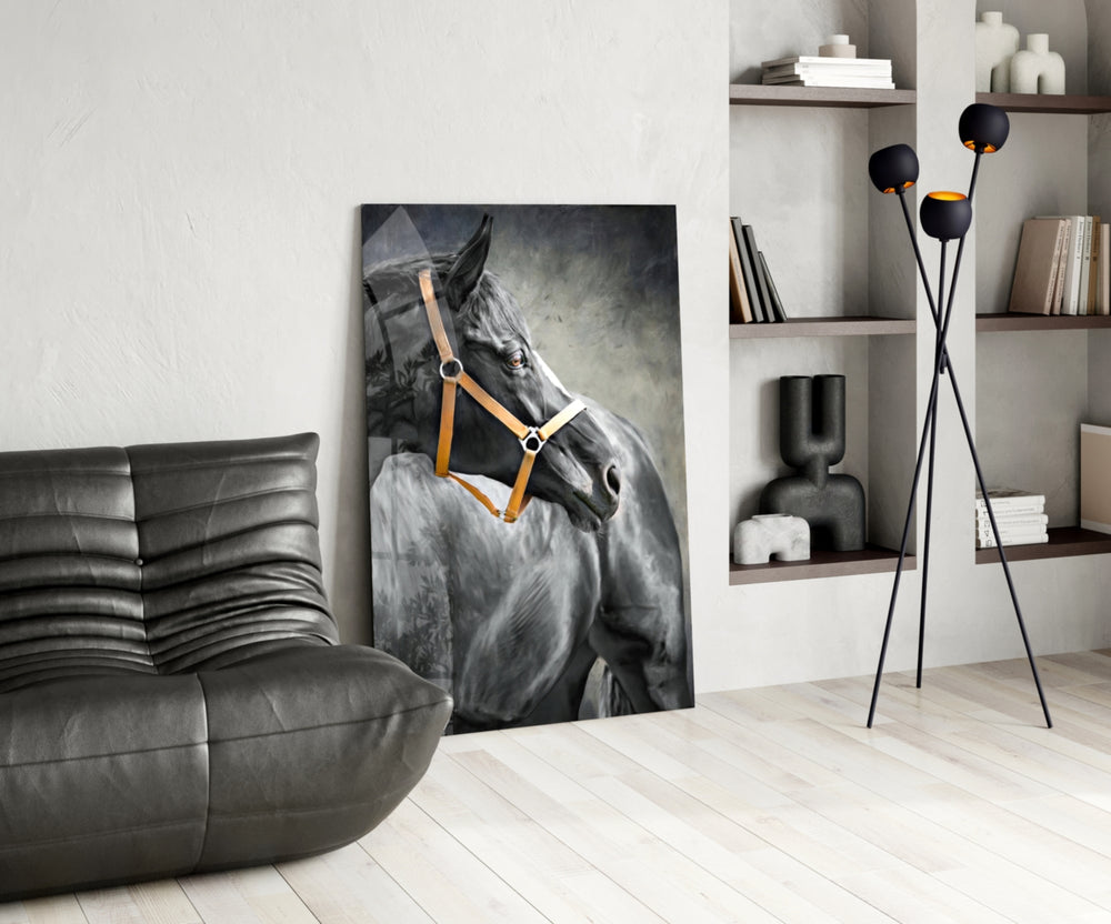 Black Stallion glass print enhancing a study with cinematic drama