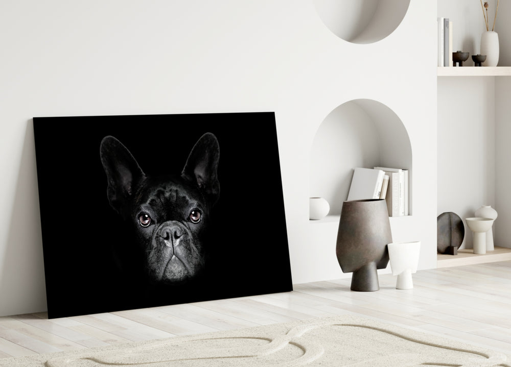 Frenchie Portrait glass wall art styled above a sofa in a hallway