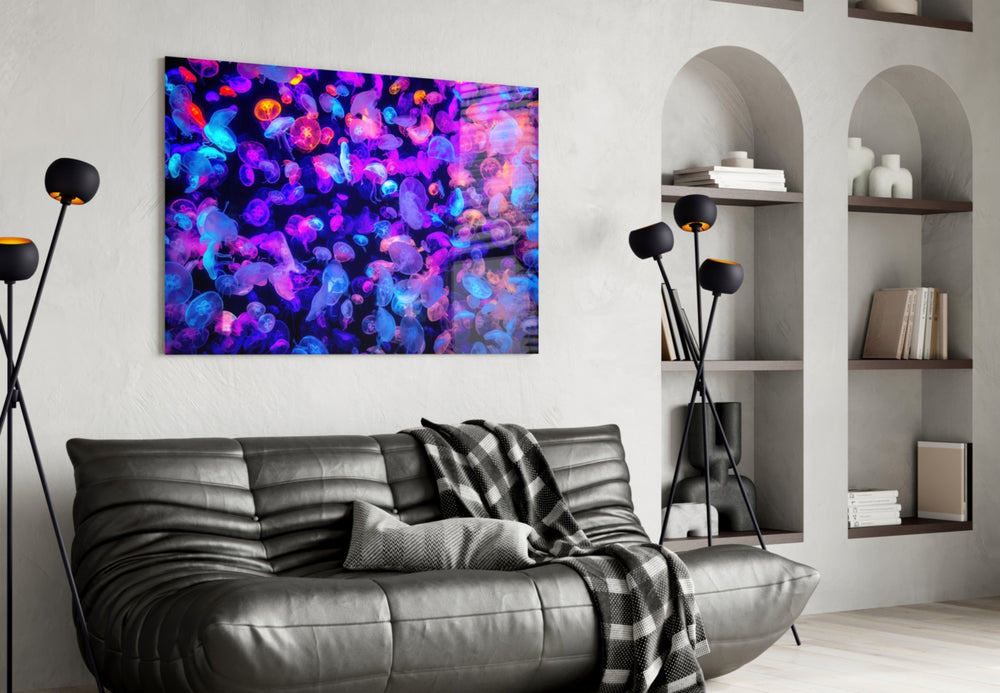 Neon Jellies panel adding editorial mood to a master bedroom