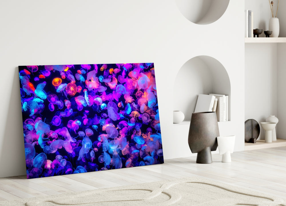 Neon Jellies glass wall art styled above a credenza in a bathroom
